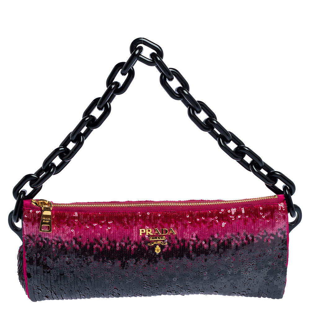 Pre Owned Prada Black/Pink Sequins Chain Clutch