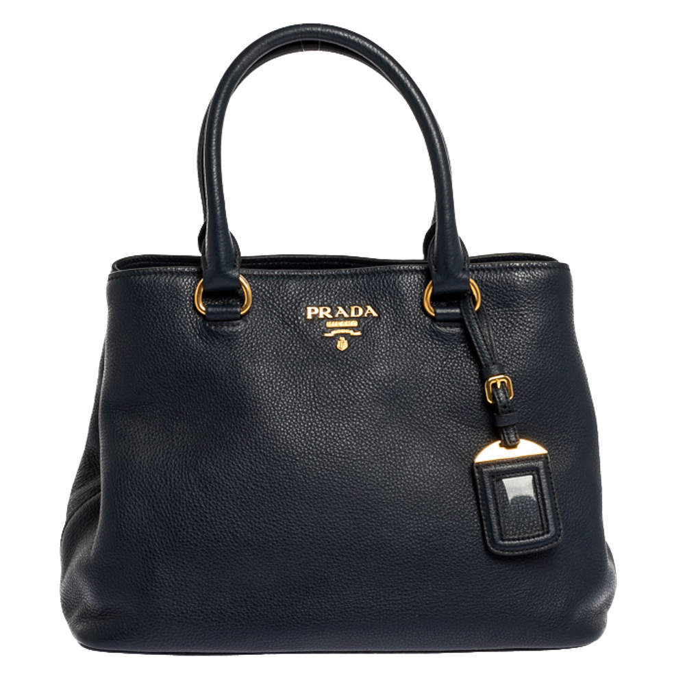 Pre Owned Prada Navy Blue Vitello Phenix Leather Tote