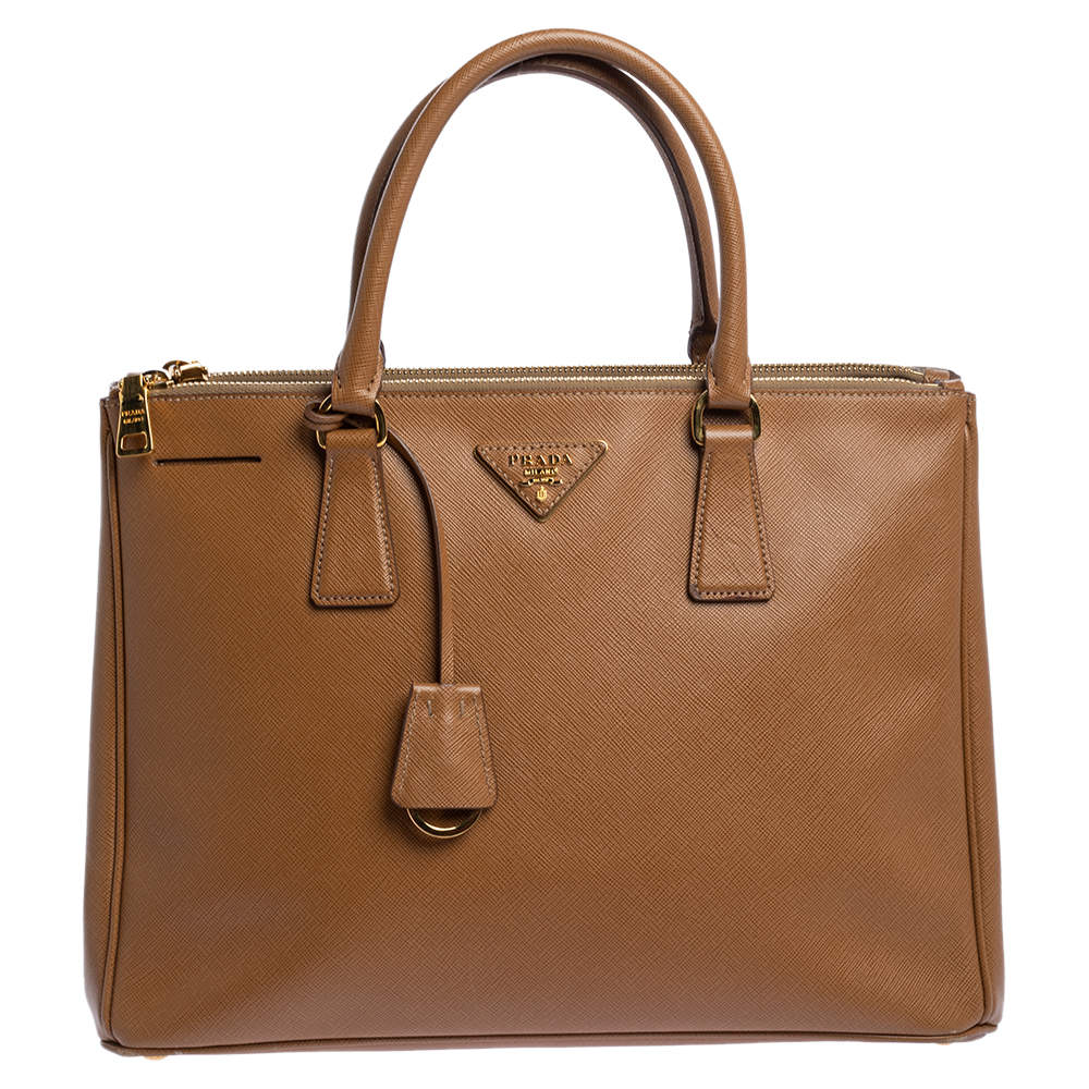 Pre Owned Prada Caramel Saffiano Lux Leather Medium Double Zip Tote