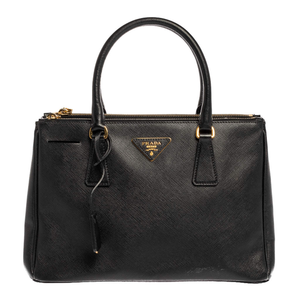 Pre Owned Prada Black Saffiano Lux Leather Small Double Zip Tote