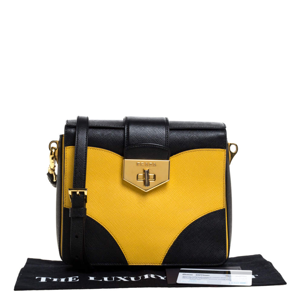 Prada Black/Yellow Saffiano Leather Turn-Lock Shoulder Bag at 1stDibs