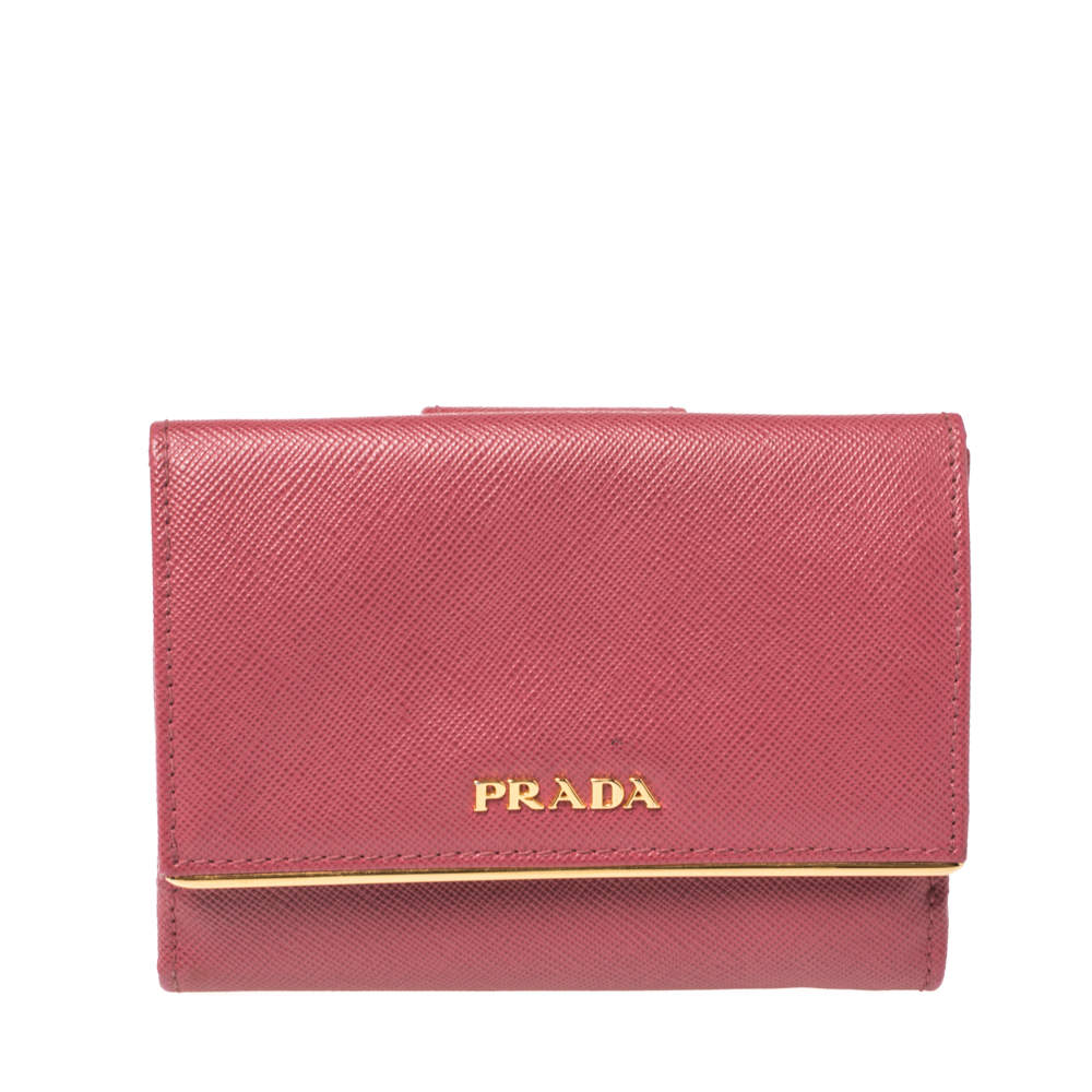 Pre Owned Prada Pink Saffiano Lux Leather Bar Flap French Wallet