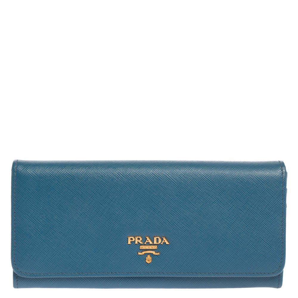 Pre Owned Prada Blue Saffiano Lux Leather Flap Continental Wallet