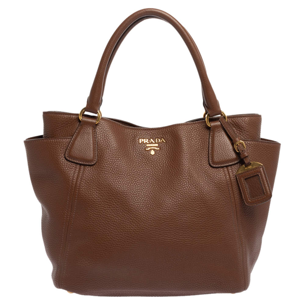Pre Owned Prada Brown Vitello Daino Leather Side Pocket Tote
