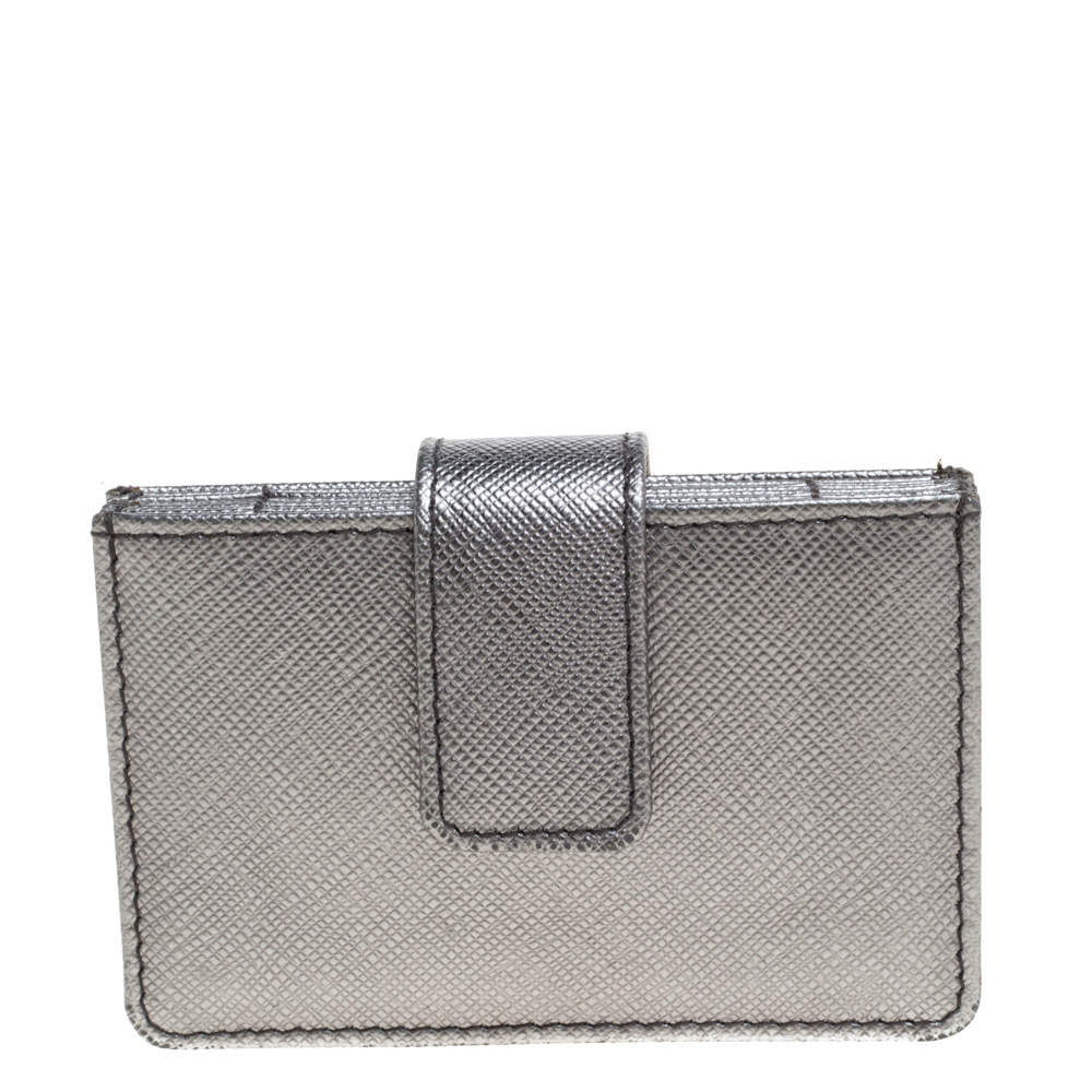 Pre Owned Prada Silver Saffiano Lux Leather Card Holder