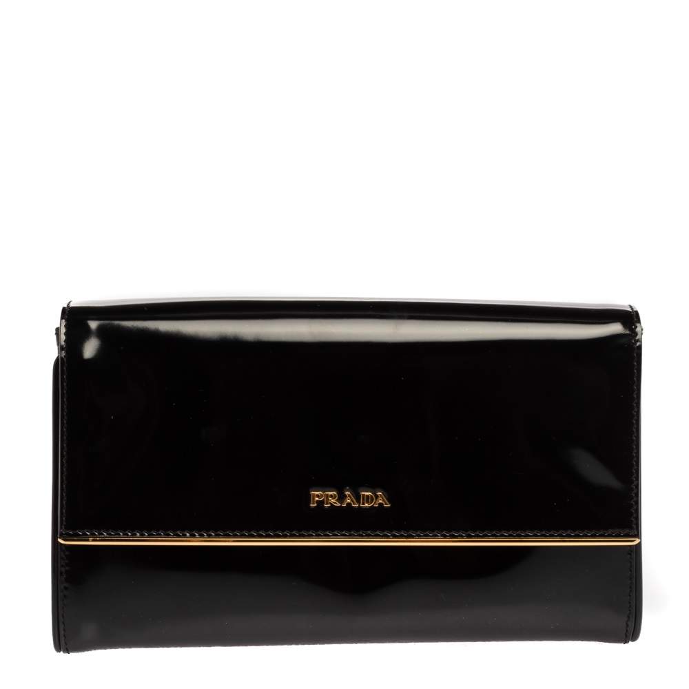 Prada Black Patent Leather Flap Clutch