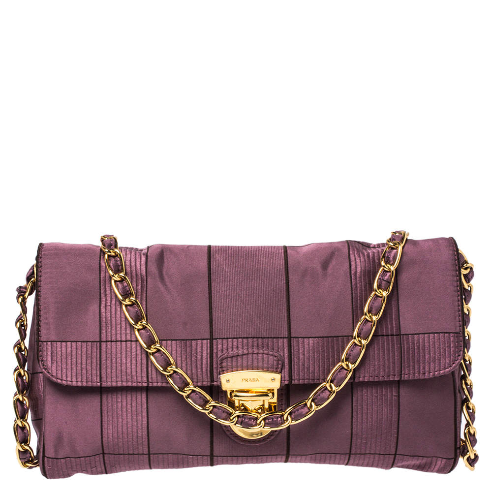 Prada Purple Square Quilt Satin Pushlock Flap Shoulder Bag