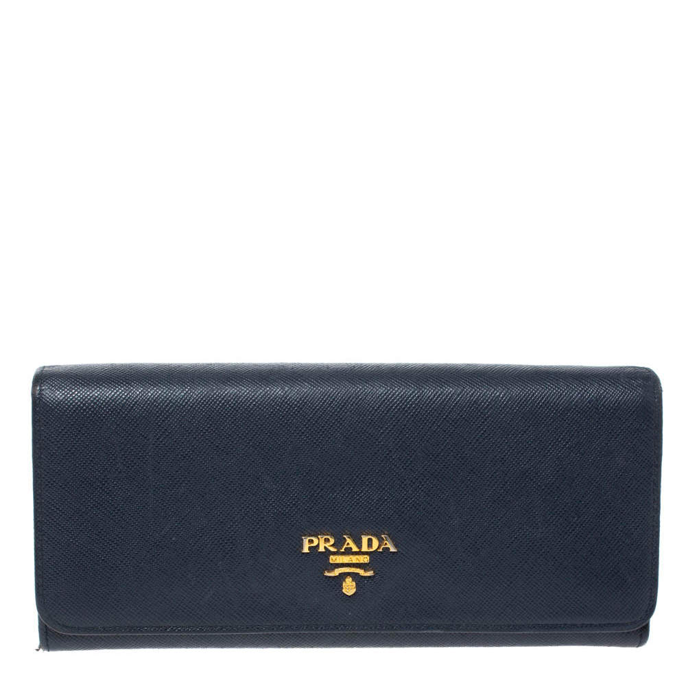 Prada Navy Blue Saffiano Leather Flap Continental Wallet