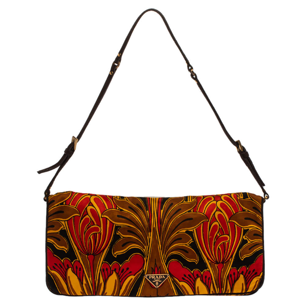 Prada Multicolor Tulip Print Silk and Leather Pochette Bag
