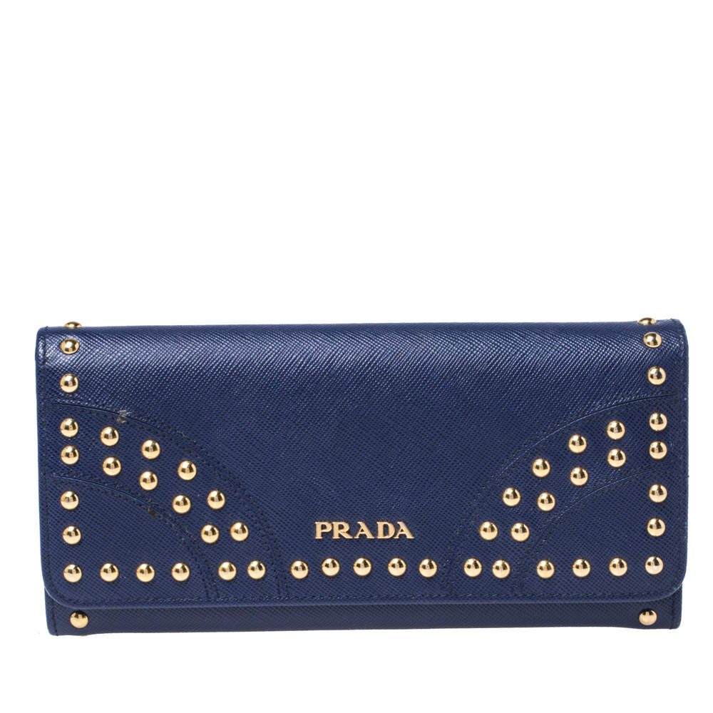 Prada Blue Saffiano Lux Studded Leather Flap Continental Wallet