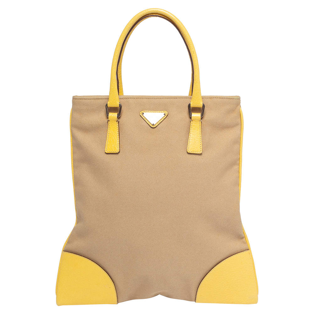 Pre Owned Prada Beige/Yellow Canvas and Leather Tote