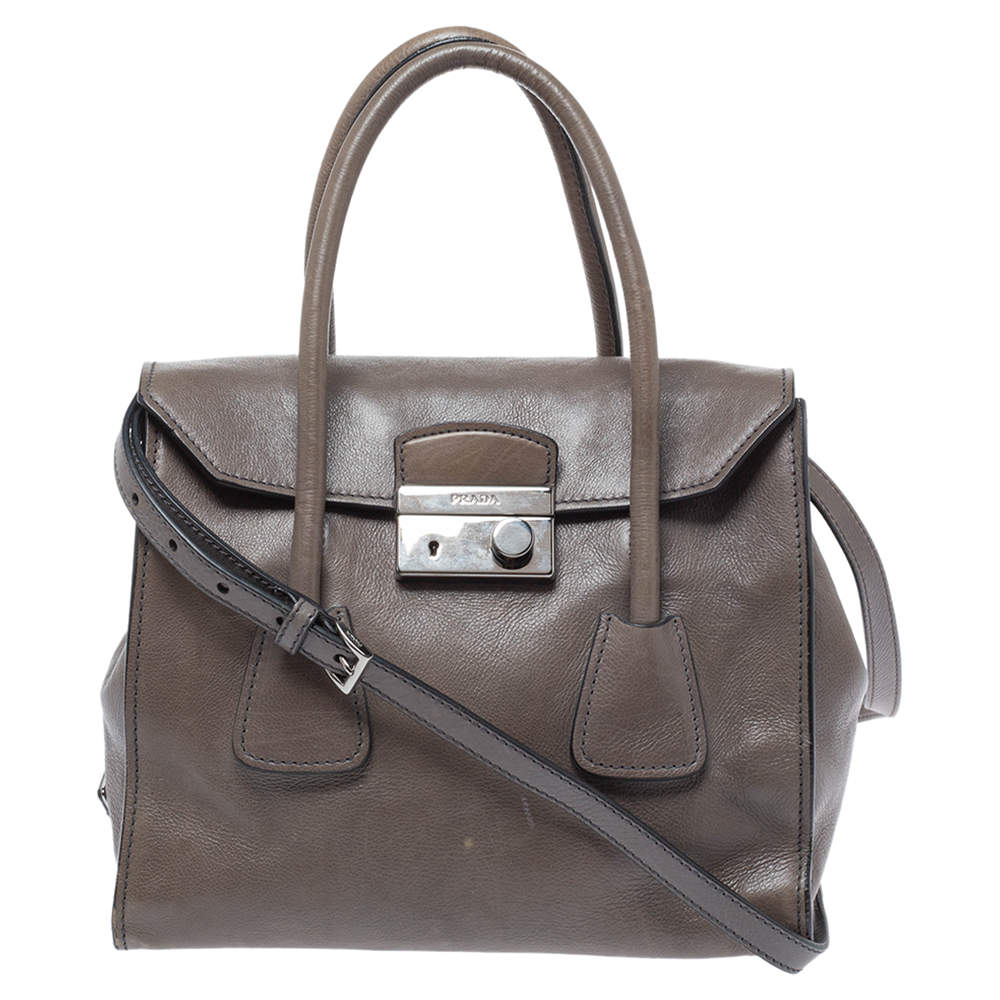 Pre Owned Prada Grey Glazed Leather Twin Pocket Tote