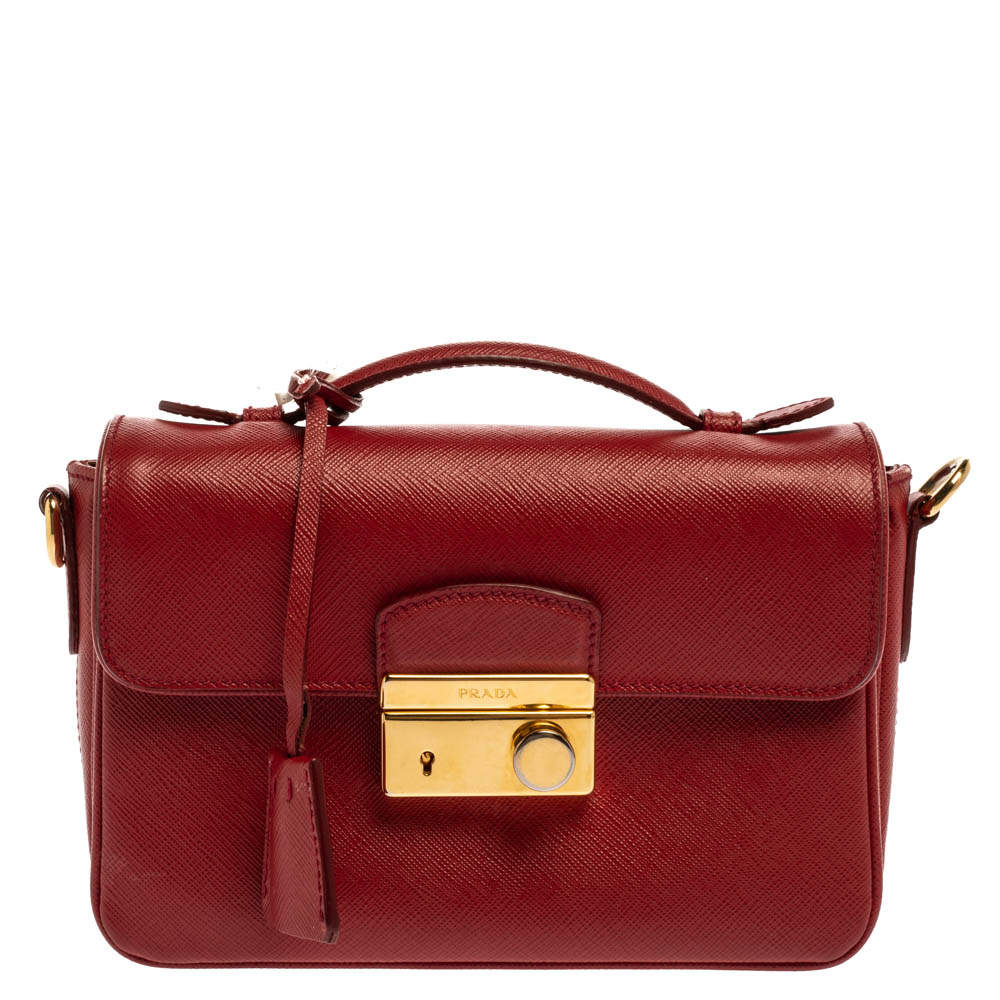 Pre Owned Prada Red Saffiano Leather Mini Sound Top Handle Bag