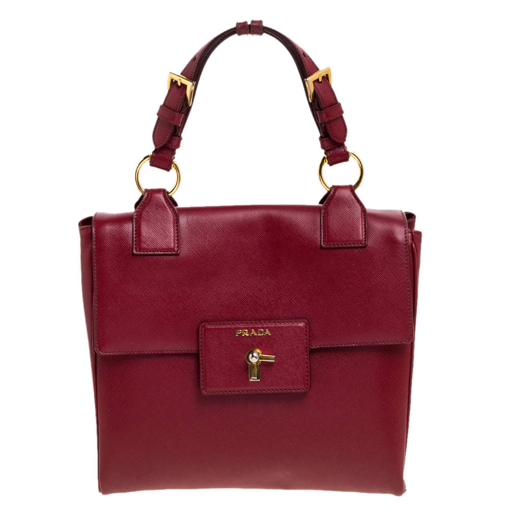 Pre Owned Prada Red Saffiano Lux Leather Spazzolato Gusset Top Handle Bag