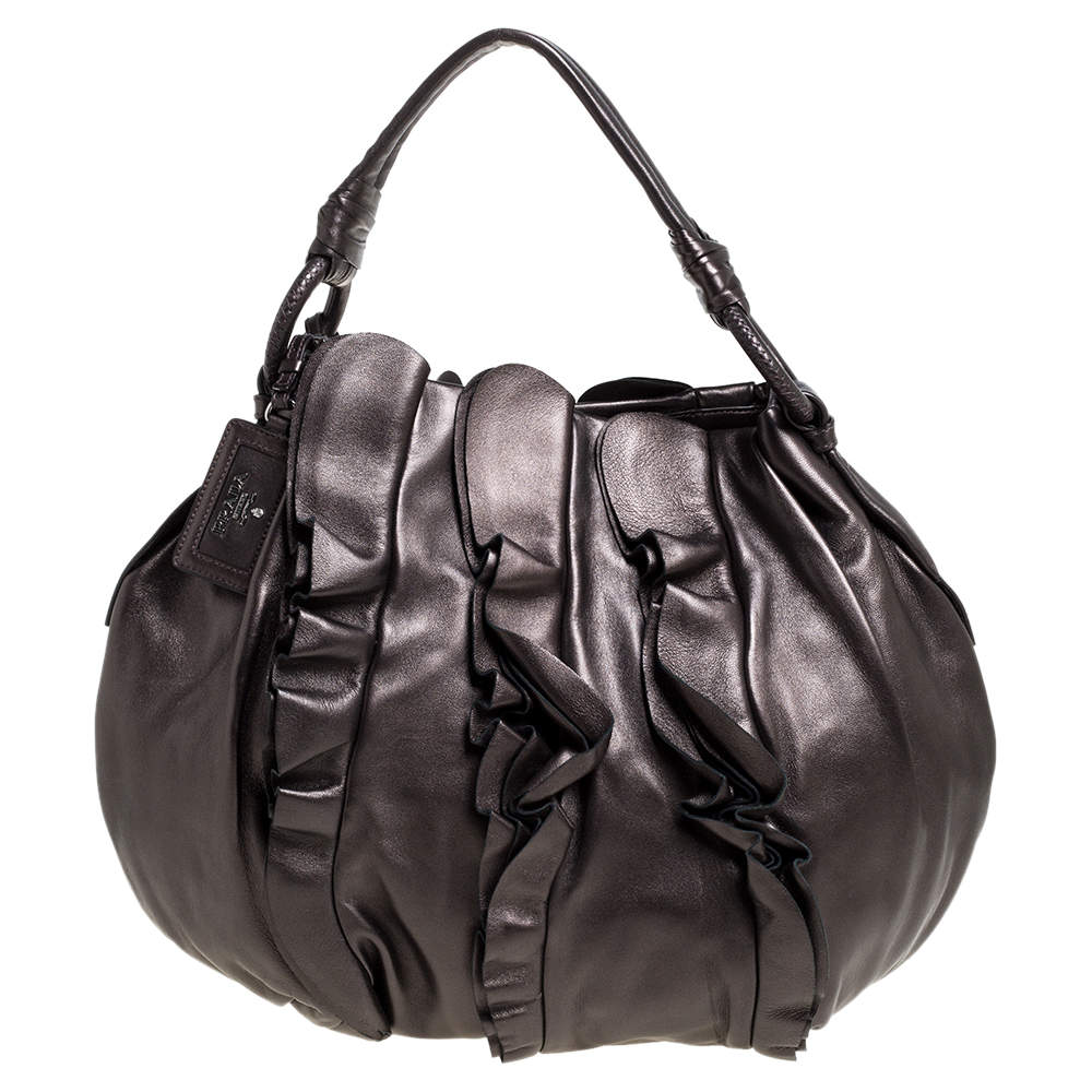 Pre Owned Prada Metallic Brown Leather Ruffle Mordore Hobo