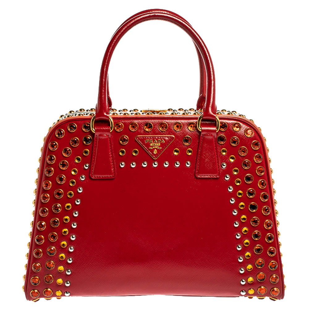 Pre Owned Prada Blush Pink/Red Patent Leather Pyramid Frame Bag