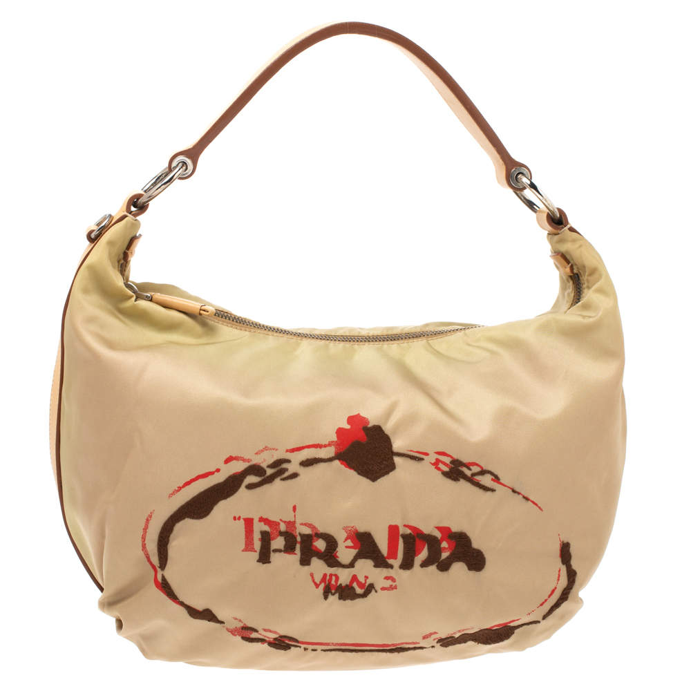 Pre Owned Prada Beige Tessuto Nylon Stencil Hobo 