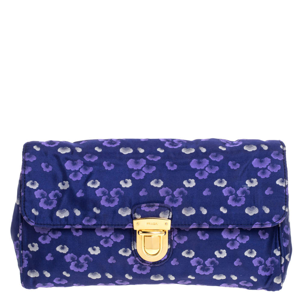 Pre Owned Prada Blue/Purple Printed Fabric Pushlock Flap Clutch