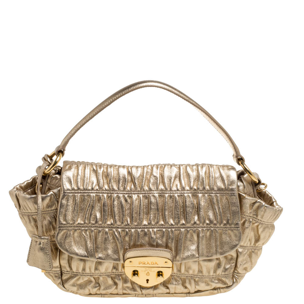Pre Owned Prada Metallic Gold Matelasse Leather Pushlock Flap Hobo