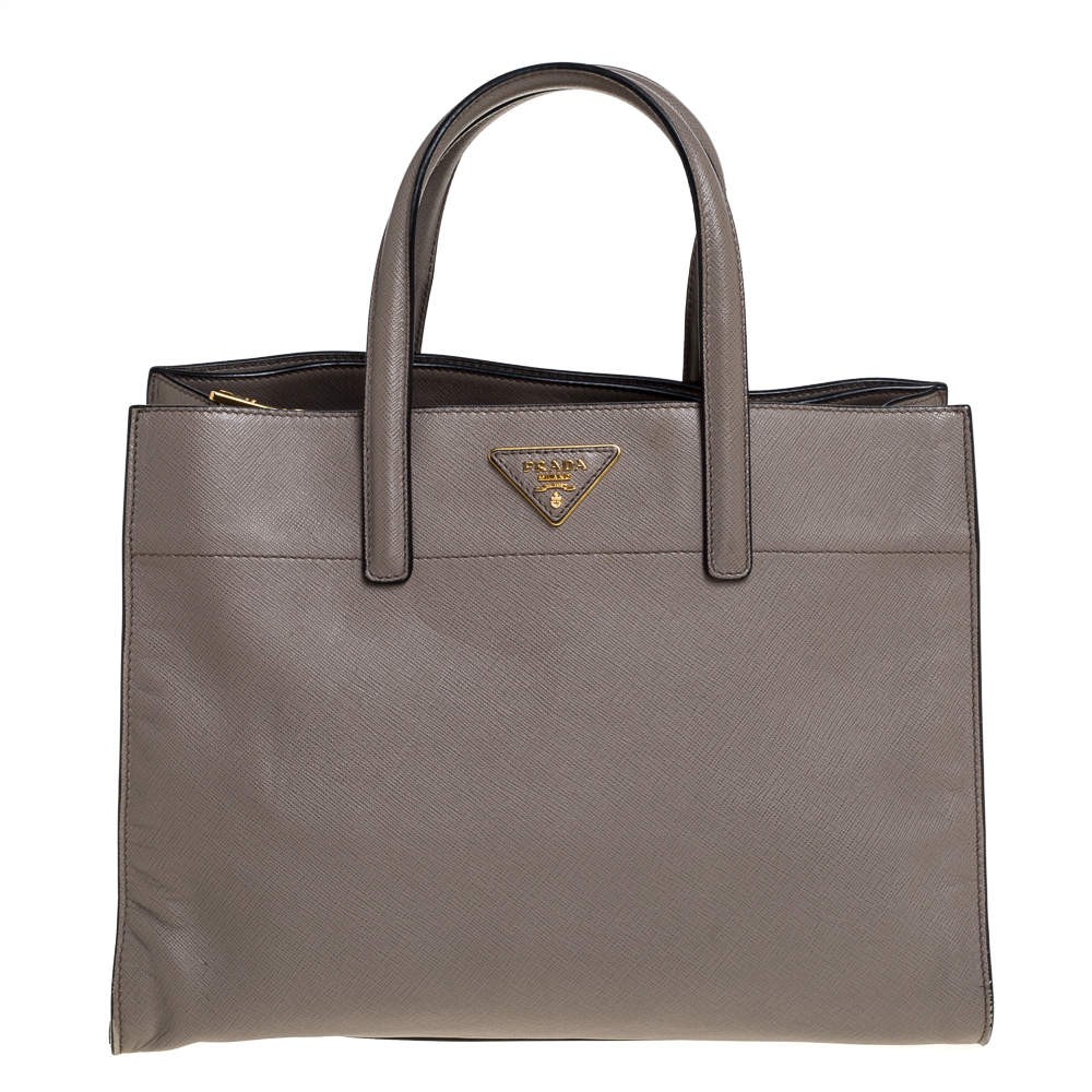 Pre Owned Prada Grey Saffiano Soft Leather Middle Zip Tote