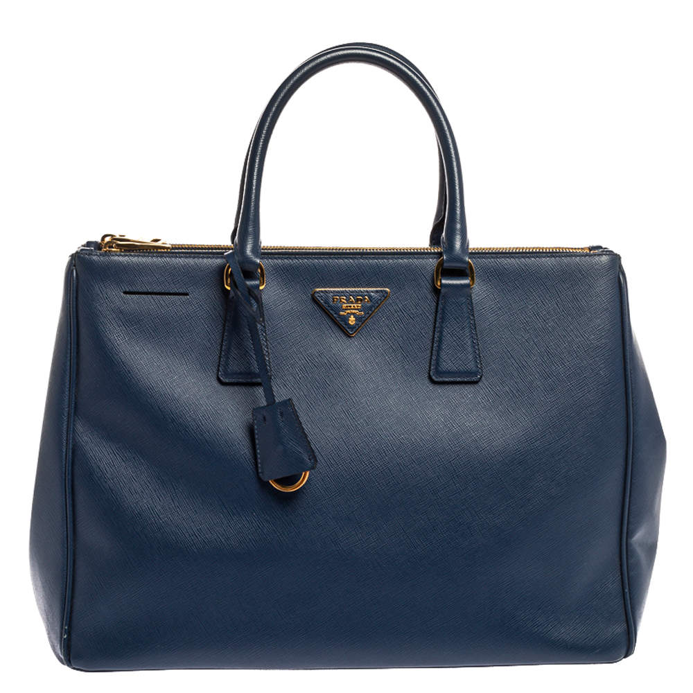 Pre Owned Prada Blue Saffiano Lux Leather Large Double Zip Tote