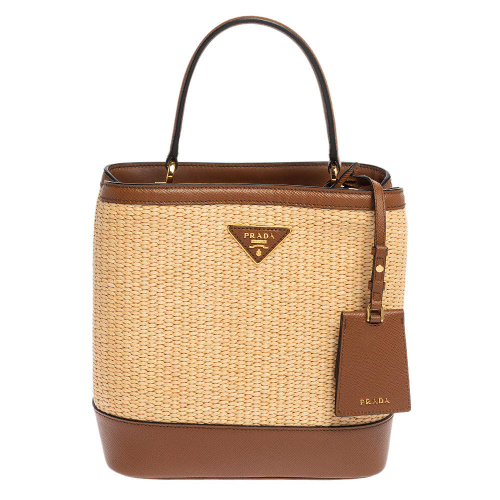 Pre Owned Prada Brown/Beige Raffia and Leather Medium Panier Top Handle Bag