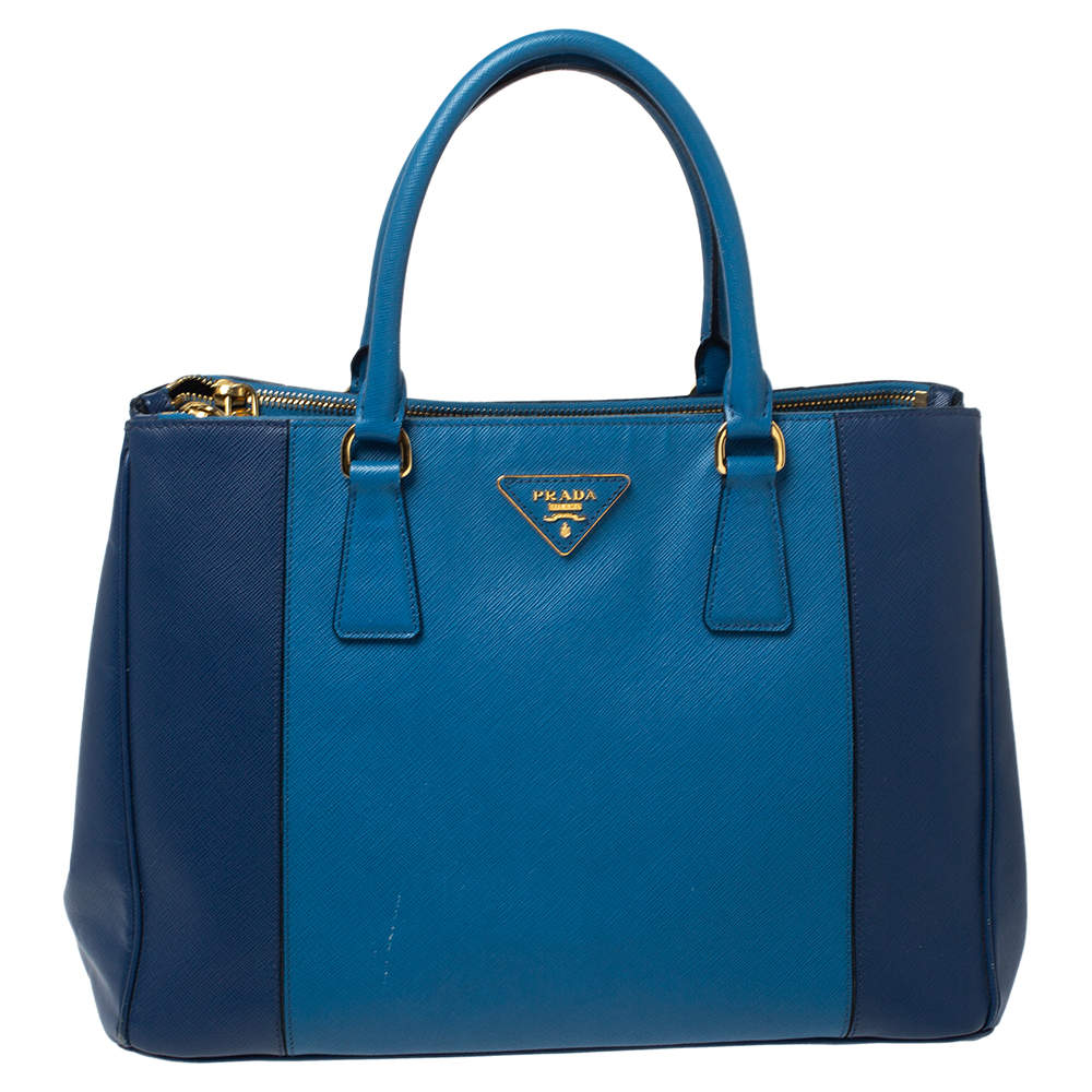 Prada Blue Bicolor Saffiano Lux Leather Medium Galleria Double Zip Tote ...