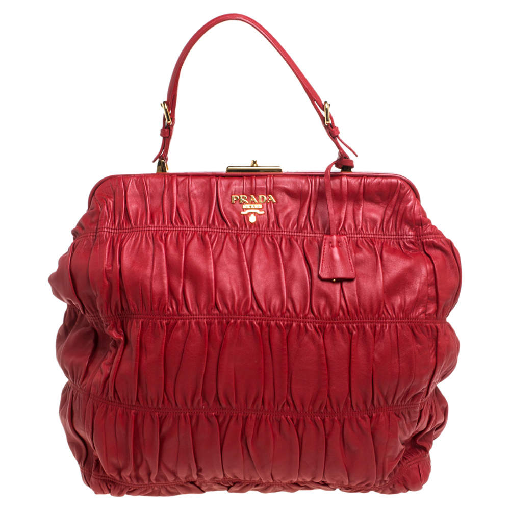 Pre Owned Prada Red Gaufre Nappa Leather Dressy Frame Satchel