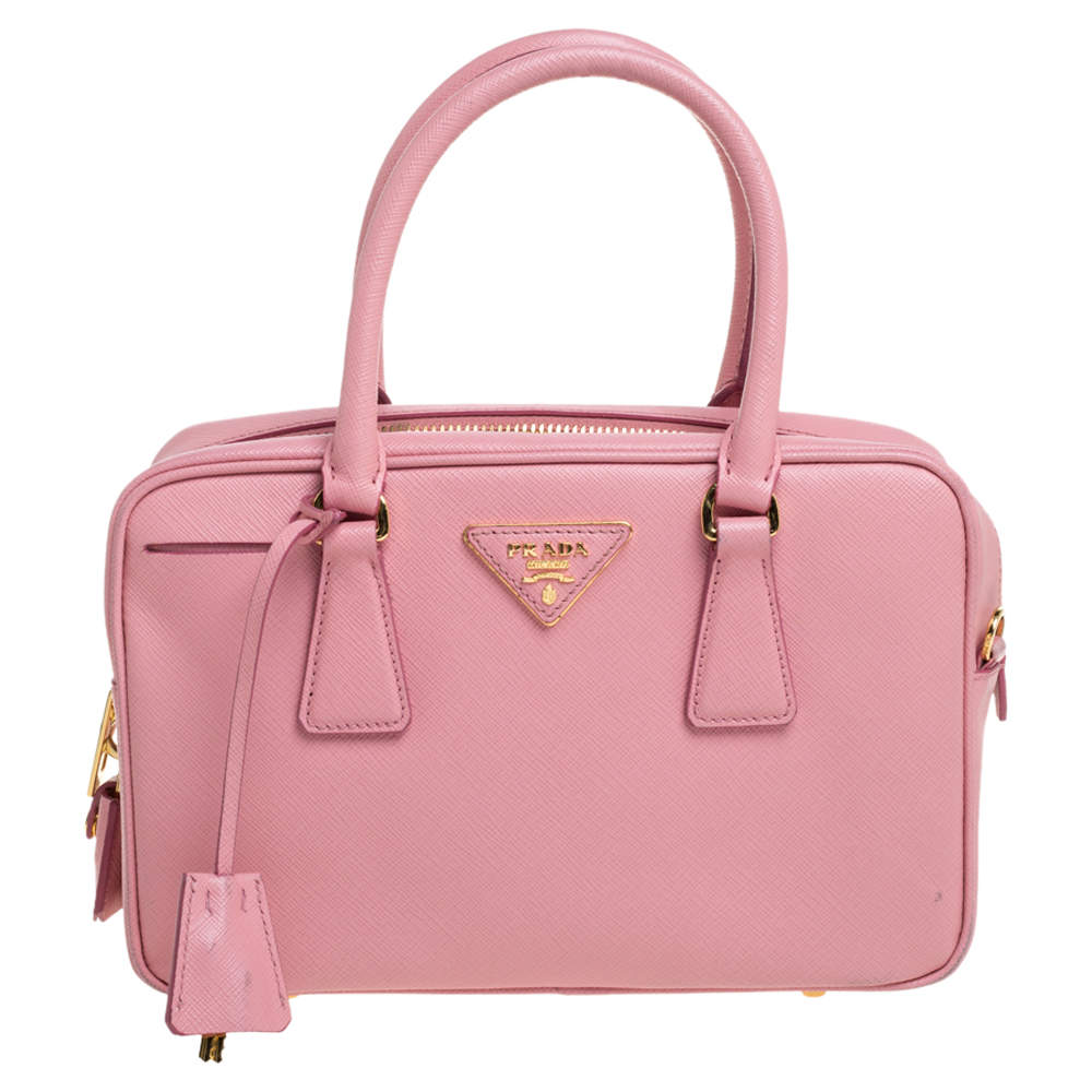 PRADA Bowling Perforated Saffiano Leather Satchel Bag Pink/Yellow