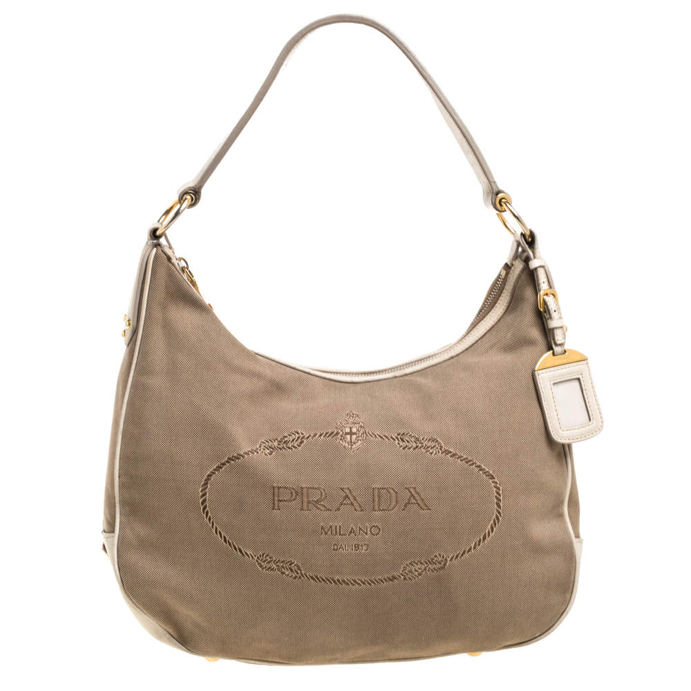 Pre Owned Prada Beige/Cream Logo Jacquard Canvas and Leather Hobo