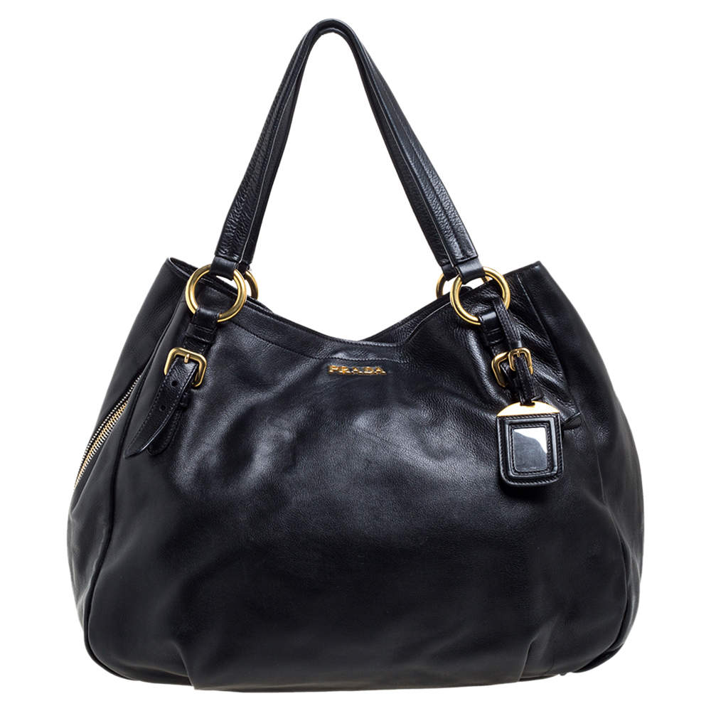 Pre Owned Prada Black Vitello Leather Sacca 2 Manici Hobo