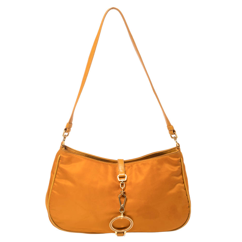 Prada Orange Nylon and Leather Pochette Bag