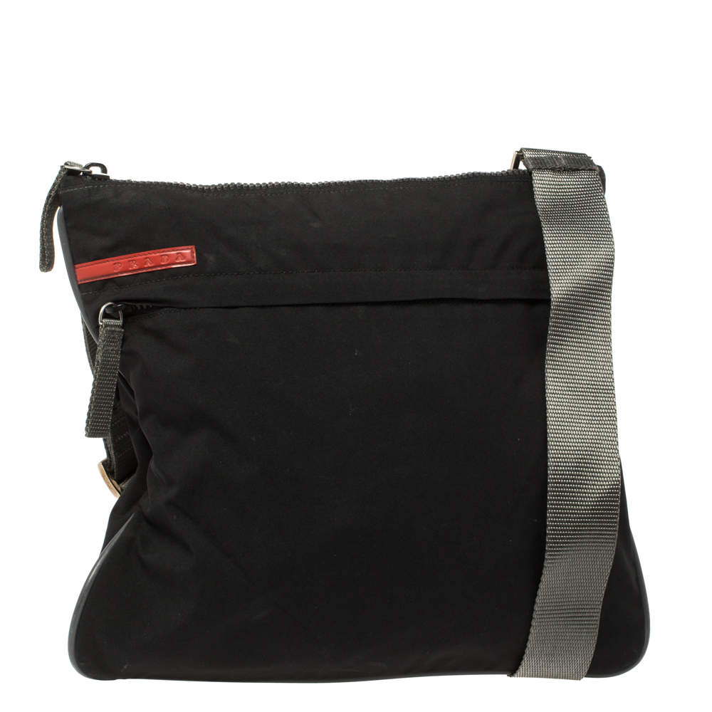 Prada Sport Black Nylon Front Zip Pocket Messengers Bag