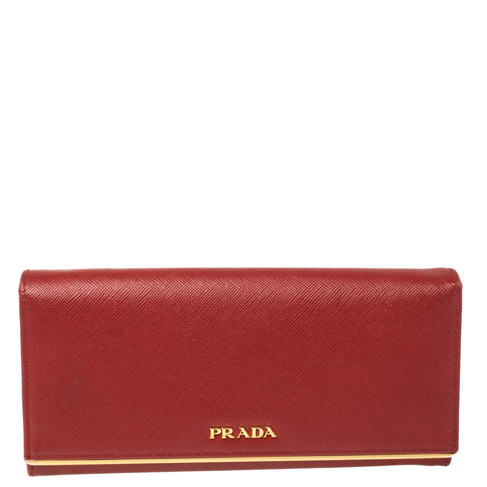 Pre Owned Prada Red Saffiano Lux Leather Metal Bar Flap Continental Wallet