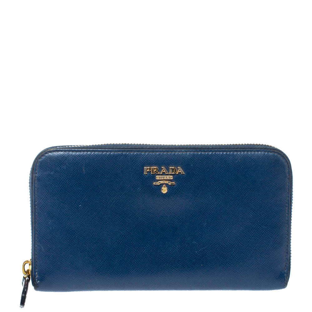 Pre Owned Prada Blue Saffiano Lux Leather Zip Around Continental Wallet