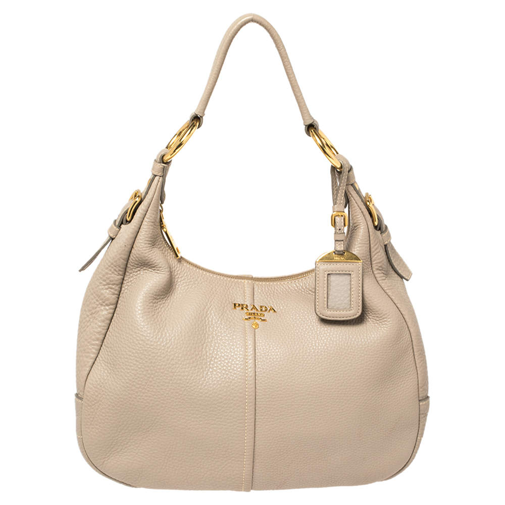 Pre Owned Prada Beige Vitello Daino Leather Zip Top Hobo