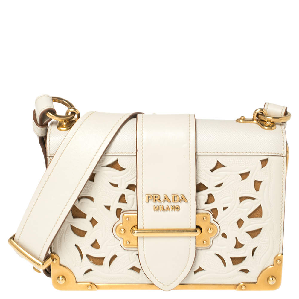 Pre Owned Prada Off White Laser Cut Leather Cahier Flap Shoulder Bag