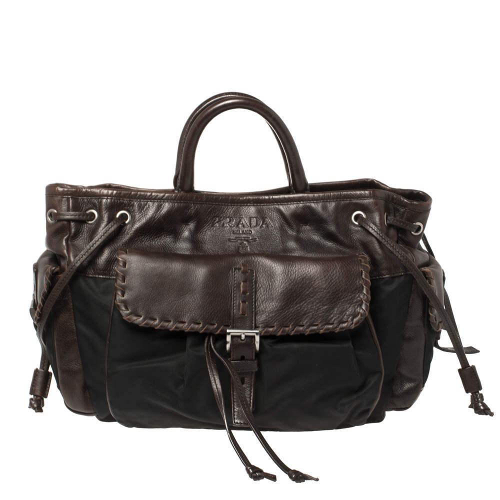 Prada Brown/Black Nylon and Leather Whipstitch Pocket Shoulder Bag