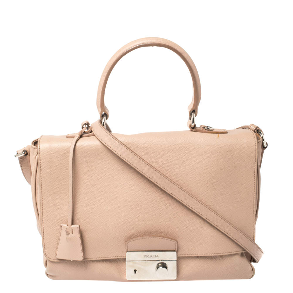 Pre Owned Prada Pink Saffiano Lux Leather Flap Top Handle Bag