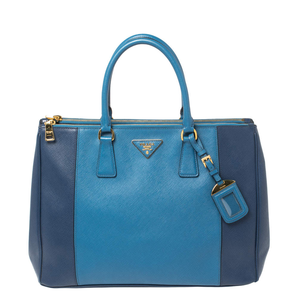 Pre Owned Prada Two Tone Blue Saffiano Lux Leather Large Double Zip Tote