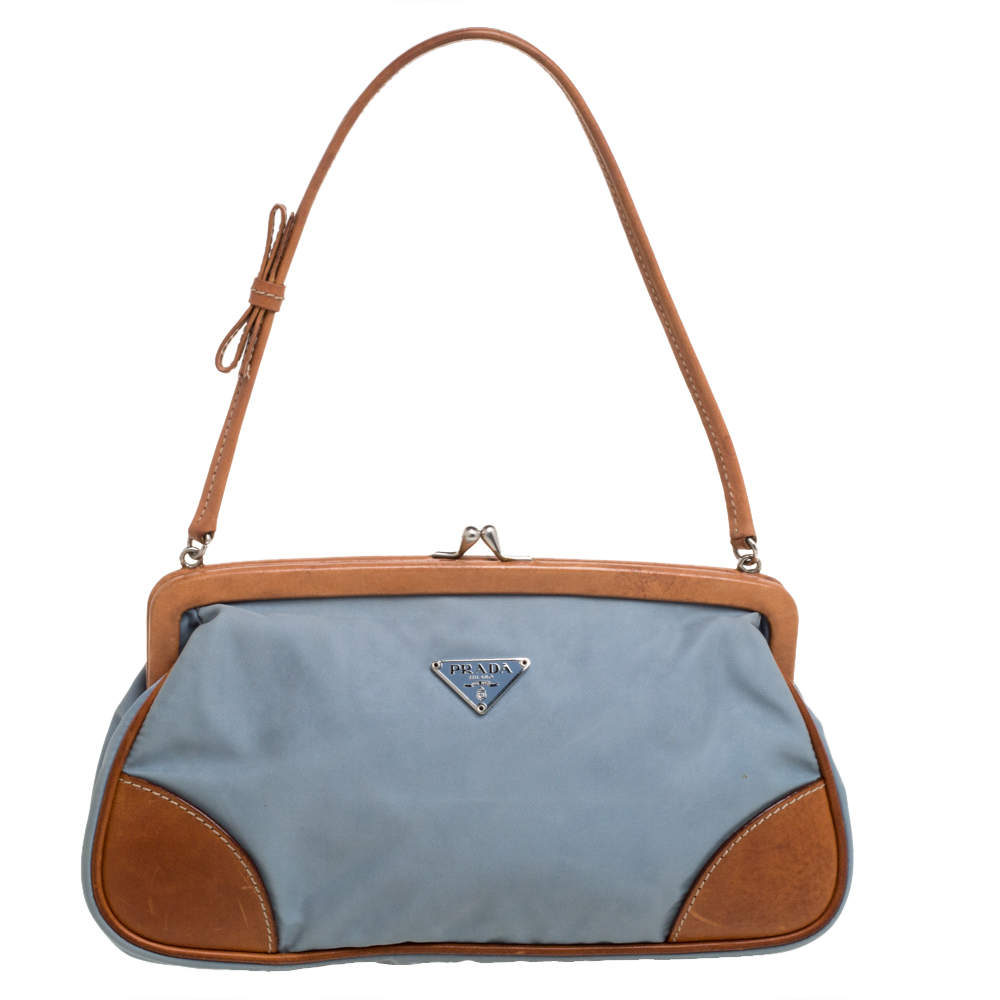 Prada Blue/Brown Nylon and Leather Frame Pochette Bag Prada