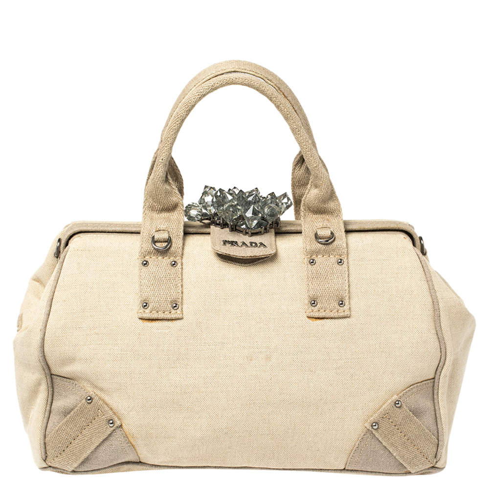 Pre Owned Prada Beige Canvas Mistolino Cluster Crystal Embellished Frame Bag