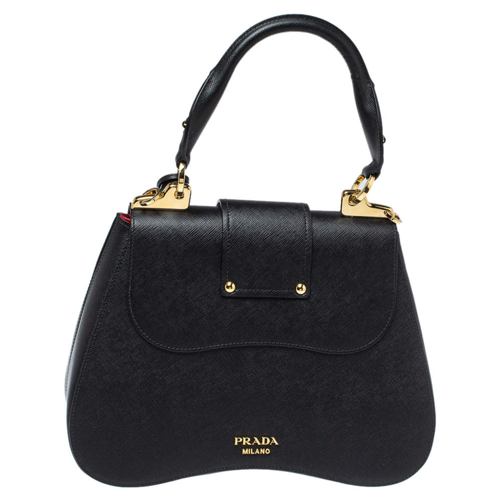 Prada Black Saffiano Lux Leather Medium Sidonie Top Handle Bag