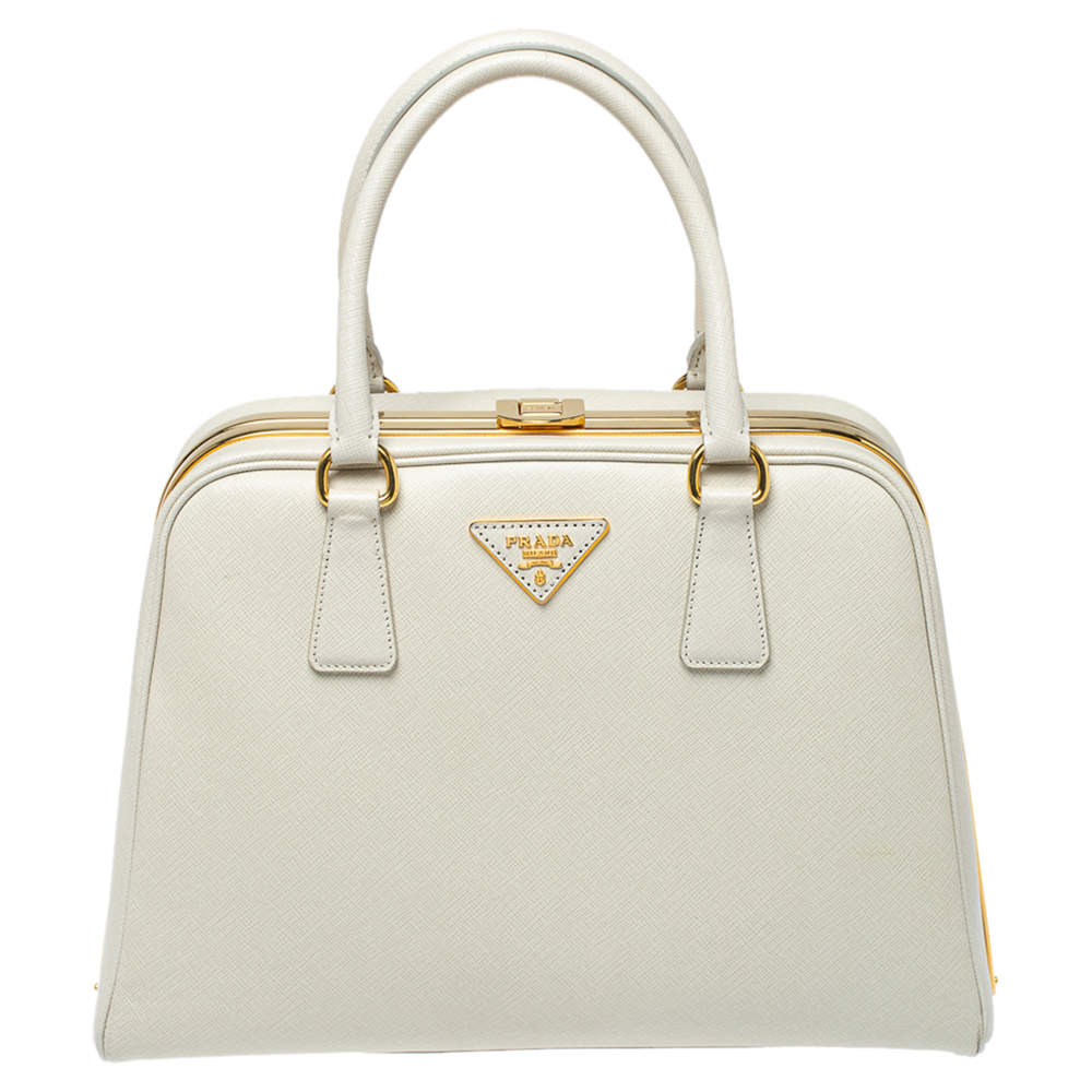 Pre Owned Prada Off White Saffiano Lux Leather Pyramid Frame Satchel
