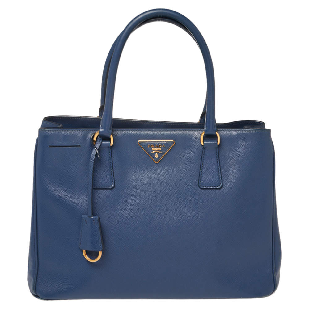 Pre Owned Prada Blue Saffiano Lux Leather Medium Open Tote
