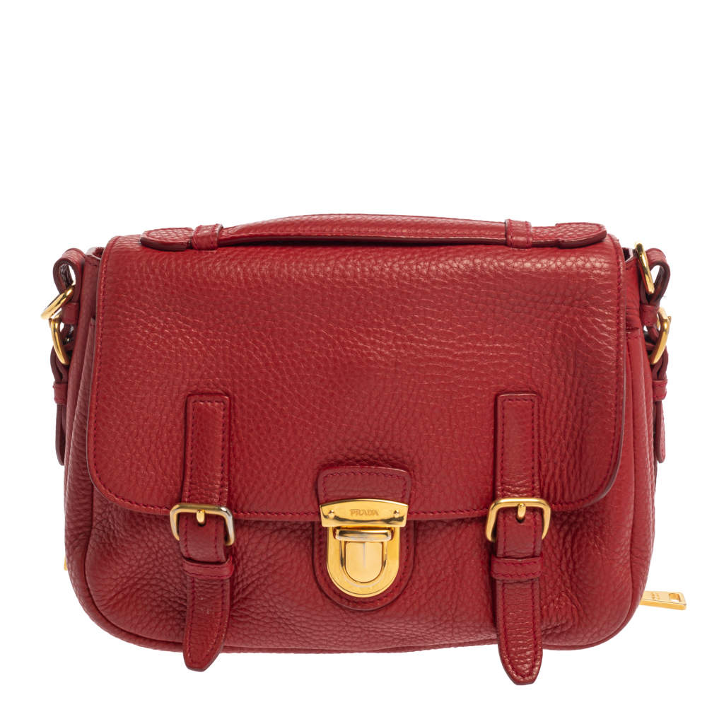 Pre Owned Prada Red Vitello Daino Leather Pushlock Flap Top Handle Bag