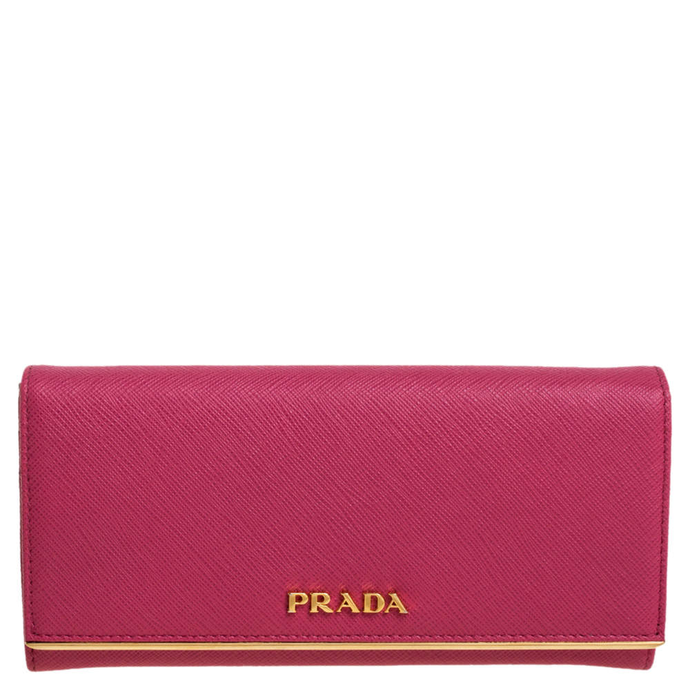 Prada Pink Saffiano Lux Leather Metal Bar Flap Continental Wallet