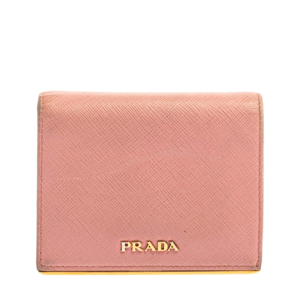 Prada Pink Saffiano Leather Metal Flap Wallet