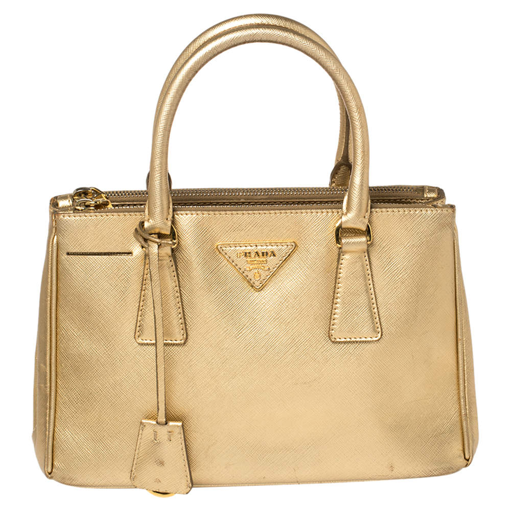 Pre Owned Prada Gold Saffiano Patent Leather Mini Double Zip Tote