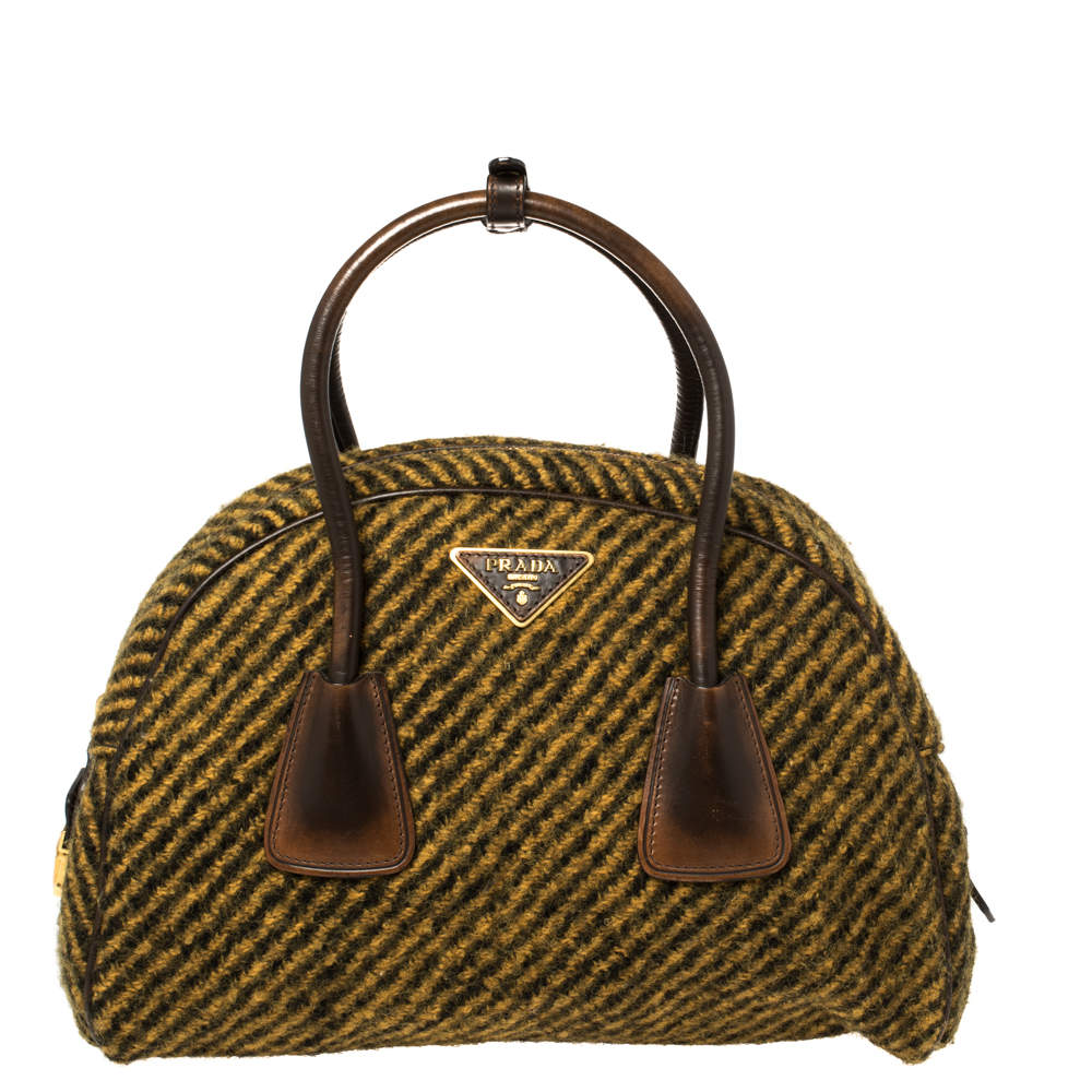Prada Mustard/Brown Wool and Leather Bauletto Bowler Bag